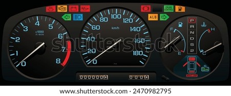 Realistic 80s era Japanese specs sport coupe car instrument panel with automatic gear position light and sport mode illustration vector.