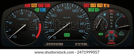 Realistic 80s era Japanese specs sport coupe car instrument panel with automatic gear position light and sport mode include traction control and cruise control light illustration vector.