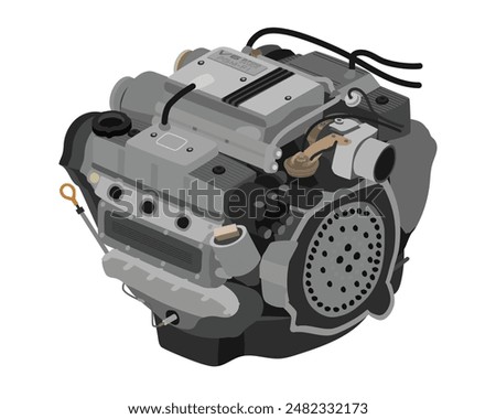 Simplified transversely mount 2.7 liters V6 cylinders 24 valves single overhead camshaft gasoline engine with silver top cover included badge in US Specs illustration vector.