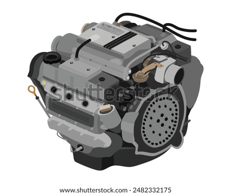 Simplified transversely mount 2.7 liters V6 cylinders 24 valves single overhead camshaft gasoline engine with silver top cover included badge in European specs illustration vector.