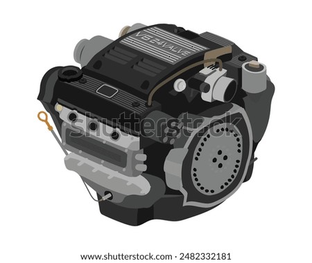 Simplified transversely mount 2.7 liters V6 cylinders 24 valves single overhead camshaft gasoline engine with black top cover included badge illustration vector.