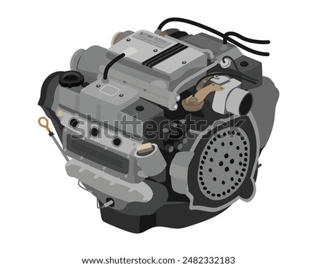 Simplified transversely mount 2.7 liters V6 cylinders 24 valves single overhead camshaft gasoline engine with silver top cover included badge  in Japanese specs illustration vector.