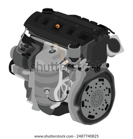 Simplified 3D style 1.8 liters 4 cylinders 16 valves single overhead camshaft programmed gasoline injected engine in Thai specs without chrome badge on engine top cover illustration vector.