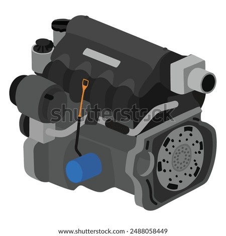 Simplified 3D style 1.3 liters 4 cylinders 8 valves single overhead camshaft programmed gasoline injected engine with white badge on top cover dual ignition spark system illustration vector.