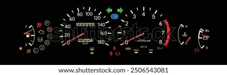 Realistic lately 90s Japanese specs performance sedan with automatic transmission with drive mode indicator lights and analog meter included illumination and volt meter illustration vector.