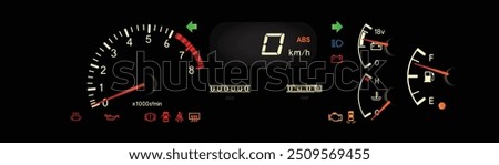 The realistic 90s gasoline engine manual gearbox car analog Japanese specs kilometer unit instrument panel with digital speedometer included voltmeter illustration vector.