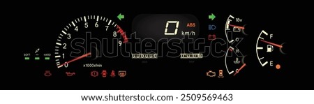 The realistic 90s gasoline engine manual gearbox car analog Japanese specs kilometer unit instrument panel with digital speedometer included voltmeter and electronic damper light illustration vector.