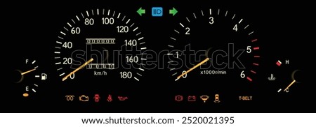 Realistic 90s Japanese luxury mid size sedan with turbo diesel engine and manual gearbox night illumination gauge cluster illustration vector.