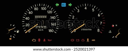 Realistic 90s Japanese luxury mid size sedan with 4 cylinder gasoline engine and manual gearbox night illumination gauge cluster include antilock braking system illustration vector.