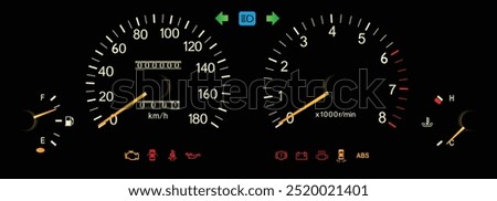 Realistic 90s Japanese luxury mid size sedan with 6 cylinder gasoline engine and manual gearbox night illumination gauge cluster include antilock braking system illustration vector.