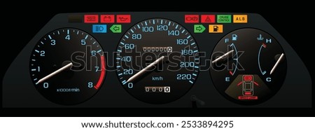 Realistic 80s Japanese midsize sport coupe in european specs with fuel injected engine and manual gearbox instrument panel included cruise control and antilock brake and pop-up headlight illustration.