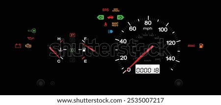 Realistic early Y2K Japanese compact sedan instrument panel US specs with automatic transmission gear indicator included miles and kilometers measuring unit without tachometer illustration vector.