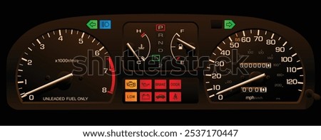 Realistic late 90s Japanese 4wd wagon in US specs instrument panel with fuel injected gasoline engine automatic transmission with sport mode and lower gear function indicator illustration vector.