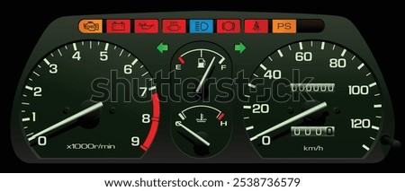 Realistic 90s Japanese Kei car speedometer in programmed fuel injection engine and manual gearbox included electronic power steering warning light illustration vector.