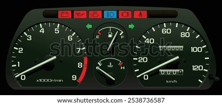 Realistic 90s Japanese Kei car speedometer in carburetor engine and manual gearbox illustration vector.