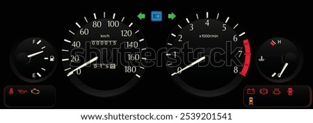 Realistic 90s Japanese sport sedan dashboard with 8k tachometer and km unit speedometer in fuel injection engine manual gearbox specs without antilock brake system and airbag illustration vector.