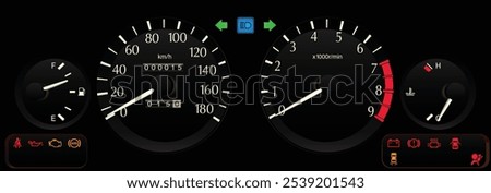 Realistic 90s Japanese sport sedan dashboard with 9k scale tachometer and km measurement unit speedometer in fuel injection engine manual gearbox specs illustration vector.