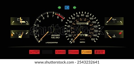 Night realistic 80s Japanese sport coupe speedometer in manual gearbox fuel injected engine US specs with volt and oil pressure gauge included and fasten seatbelt warning illustration vector.