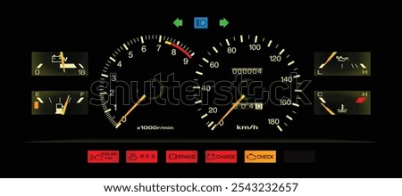 Night realistic 80s Japanese sport coupe speedometer in manual gearbox fuel injected engine Japanese specs with volt and oil pressure gauge and warnings light included illustration vector.