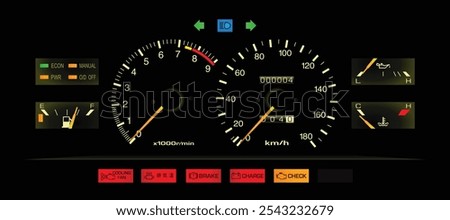 Night realistic 80s Japanese sport coupe speedometer in automatic gearbox fuel injected engine Japanese specs with volt and oil pressure gauge included and drive mode indicator illustration vector.