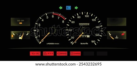 Night realistic 80s Japanese sport coupe speedometer in hydraulically automatic gearbox carburetor engine Japanese specs and warnings light and overdrive off indicator light illustration vector.