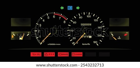 Night realistic 80s Japanese sport coupe speedometer in manual gearbox carburetor engine Japanese specs and warnings light illustration vector