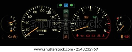 Night early 90s large size Japanese sedan dashboard in Japanese gasoline engine with 4 wheel drive automatic gearbox specs includes illumination and drive mode indicator illustration vector.