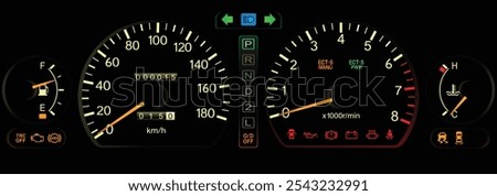 Night early 90s large size Japanese sedan dashboard in Japanese gasoline engine with automatic gearbox specs includes drive mode indicator and traction control system illustration vector.