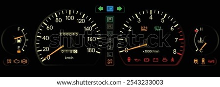 Night early 90s large size Japanese sedan dashboard in Japanese gasoline engine with 4 wheel steering automatic gearbox specs includes traction control and drive mode indicator illustration vector.