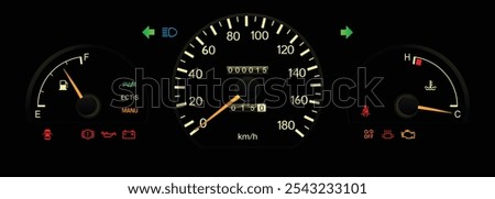 Night early 90s midsize Japanese sedan dashboard in Japanese gasoline engine with automatic gearbox lower specs includes drive mode and pattern single trip meter illustration vector.