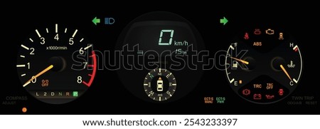 Night early 90s midsize Japanese sedan semi digital dashboard in Japanese gasoline engine with auto gearbox specs include digital compass and drive mode indicator illustration vector.