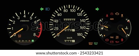 Night early 90s midsize Japanese sedan dashboard in Japanese gasoline engine with automatic gearbox specs includes illumination drive mode indicator and twin trip meter illustration vector.