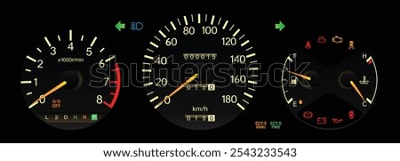 Night early 90s midsize Japanese sedan dashboard in Japanese gasoline engine with automatic gearbox specs includes illumination drive mode indicator and twin tripmeter illustration without ABS vector.