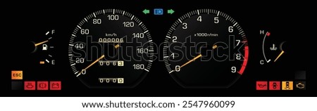 Night mid 80s midsize Japanese sport sedan dashboard in high performance gasoline engine with manual gearbox illustration vector.