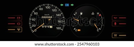 Night late 80s Japanese midsize sedan with diesel engine dashboard in manual gearbox without tachometer illustration vector.