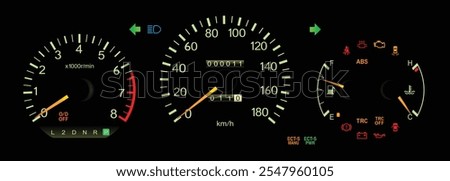 Night mid 90s midsize Japanese sedan dashboard in Japanese gasoline engine with automatic gearbox top specs includes drive mode and traction control system illustration vector.