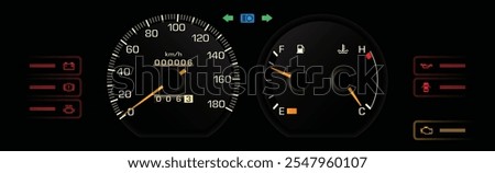 Night late 80s Japanese midsize sedan with electronic gasoline injection engine dashboard in manual gearbox without tachometer illustration vector.