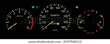 Night mid 90s midsize Japanese sedan dashboard in Japanese specs gasoline engine with manual gearbox illustration vector.