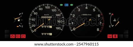 Night late 80s Japanese midsize sedan with carburetor engine dashboard in manual gearbox lock without tachometer and taillamp failure sensor indicator illustration vector.