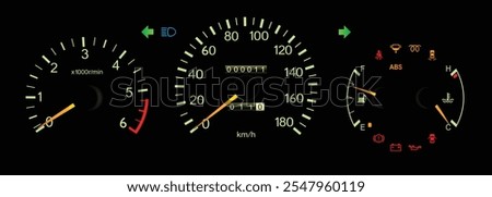 Night mid 90s midsize Japanese sedan dashboard in Japanese diesel engine with manual gearbox top specs illustration vector.