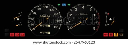 Night late 80s Japanese midsize sedan with electronic fuel injection engine dashboard in manual gearbox specs with taillamp failure sensor indicator function illustration vector.