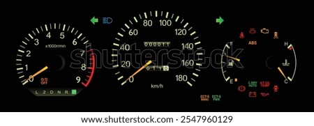 Night mid 90s midsize Japanese wagon dashboard in high performance gasoline engine with 4wd automatic gearbox includes drive mode with automatic center differential lock illustration vector.