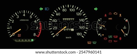 Night mid 90s midsize Japanese sedan dashboard in Japanese gasoline engine with 4wd automatic gearbox specs includes drive mode with electronic center differential lock single trip meter illustration.