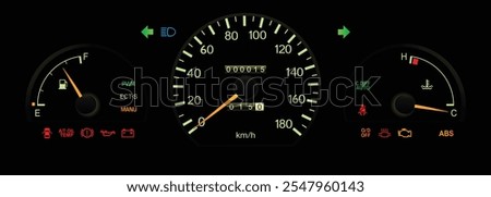 Night mid 90s midsize Japanese sedan dashboard in Japanese gasoline engine with 4wd automatic gearbox lower specs includes drive mode and electronic center differential lock illustration vector.