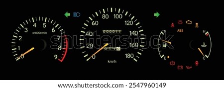 Night mid 90s midsize Japanese touring wagon dashboard in high performance gasoline engine with manual gearbox and single tripmeter illustration vector.