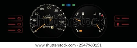 Night late 80s Japanese midsize sedan with carburetor engine dashboard in manual gearbox without tachometer illustration vector.