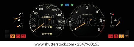 Night late 80s Japanese midsize sedan with diesel engine dashboard in manual gearbox with taillamp failure sensor indicator illustration vector.