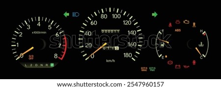 Night mid 90s midsize Japanese sedan dashboard in Japanese gasoline engine with automatic gearbox specs includes drive mode and single trip meter illustration vector.