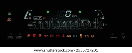 Realistic night late 90s Japanese large sedan digital instrument cluster in gasoline engine and dual mode electronically controlled automatic 4WD gearbox illustration vector.