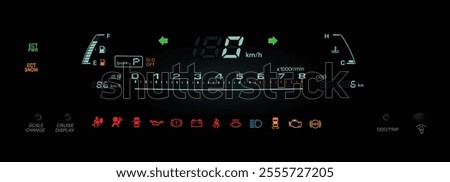 Realistic night late 90s Japanese large sport sedan digital instrument cluster in gasoline engine and dual mode electronically controlled automatic gearbox illustration vector.